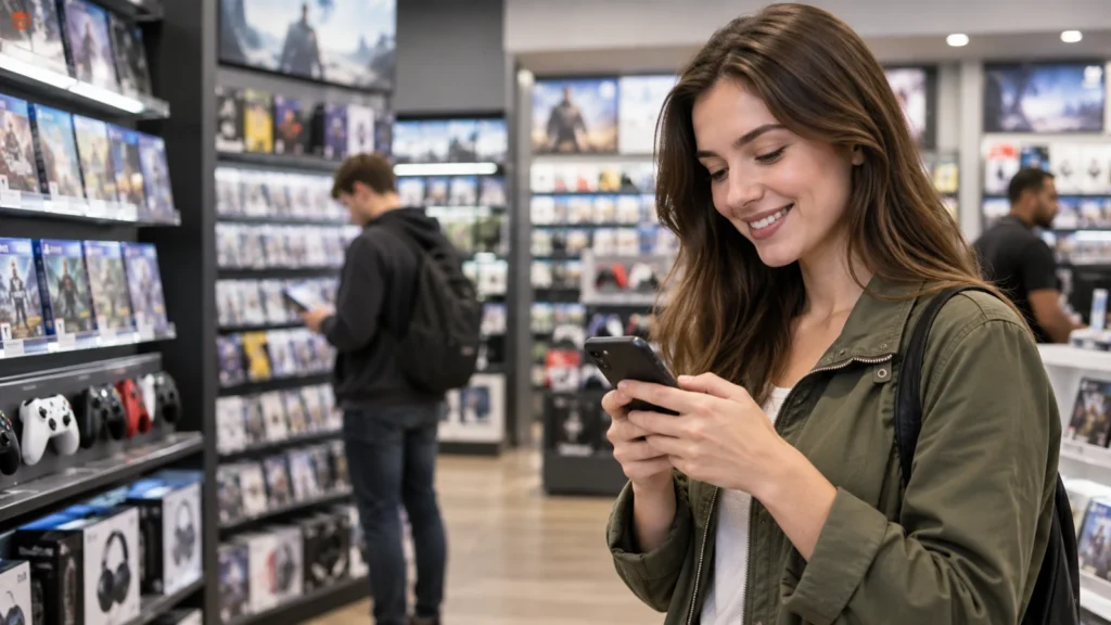 Video game retail store scene illustrating GameStop customer feedback information